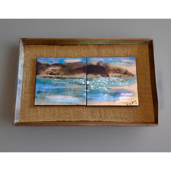 MCM Art Enamel On Copper Painted Tiles On Burlap Wood Tray Frame Signed KIM VTG - Picture 4 of 8